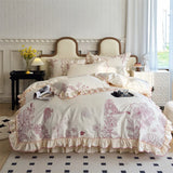 1000TC Egyptian Cotton Flowers Plant Leopard Embroidery Ruffles Bedding Set Duvet Cover Set Flat/Fitted Sheet Pillowcases 4Pcs