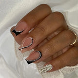 24pcs Short Ballerina False Nails Glitter Black Stripe French Press on Nails Short Wearable Fake Nails Full Cover Manicure Tips