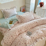 Korean Princess Style Floral Lace Ruffles 100% Cotton Bedding Set Duvet Cover Bed Sheet Pillowcase 4Pcs