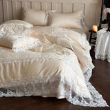 Romantic White Flowers Lace Princess Wedding Bedding Set 100S Egyptian Cotton Duvet Cover Flat/Fitted Bed Sheet Pillowcases 4Pcs