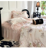 Rose Flower Print Bedding Set Luxury Lyocell Cotton Chiffon Lace Ruffles Duvet Cover Bed Sheet/Bed Skirt/Fitted Sheet Pillowcase