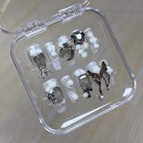 10pcs White Grey False Nail Tips Y2k Style Handmade Press On Nails With Metal Butterfly Flower Diamond Designs Glossy Fake Nails