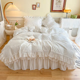 4Pcs White Korean Princess Style 100% Cotton Bedding Set Double Layer Lace Ruffles Duver Cover Bed Skirt Bedspread Pillowcases