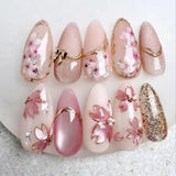 24Pcs 3D Green Ripple Design False Nails Cat's Eye French Almond Fake Nail Tips Leaves Pattern Removable Oval Press on Nails