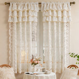 French Vintage Embroidered Lace Beige Sheer Curtain,Three-Tiered Cake Skirt Valance Sheer Voile For Living Room,Bedroom Windows