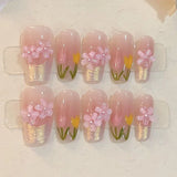 10Pcs Handmade Press On Nails Full Cover Strawberry Design Summer Rhinestone French Ballerina False Nails Wearable Manicure Nail