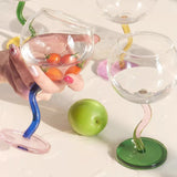 1Pc Bubble Glass Goblet, Contrasting Color Matchinging Design, Creative Curve Handle Goblet, Summer Light Luxury High-End Colorful Glass Cup, Suitable for Summer Outdoor Picnic Goblet, Restaurant Hotel Drinkware, Wedding Banq