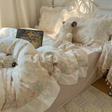 Korean Princess Style Flowers Print Ruffles 100% Cotton Bedding Set Duvet Cover Plaid Flat/Fitted Bed Sheet Pillowcases 3/4Pcs