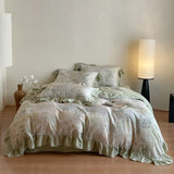 4Pcs Lyocell Soft Silky Cooling Summer Bedding Set Rose Floral Prints Ruffles Duvet Cover Set Bed Sheet/Fitted Sheet Pillowcases