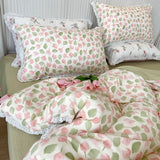 Floral Bedding Set Lace Trim Simple Fresh Elegant Flat Fitted Sheet With Pillowcases Soft Washed Cotton For Women Girl Gift