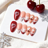 24pcs Rhinestone Fake Nail Christmas Blush Almond Nails Sets Press on French Red Nails Tips Star Design Pink False Nail Finished