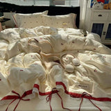 Lace Cherry Embroidered Bedding Set Twin Queen King Size Duvet Cover Bowknot Ribbon Pillowcase Bed Sheet Princess Style Bed-line