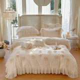 120S Egyptian Cotton Princess Wedding Bedding Set Luxury Rose Embroidery Duvet Cover Lace Quilted Bedspread Bed Skirt Pillowcase