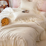 Large Lace Edge Embroidery Bedding Set 1000TC Lyocell Cotton Soft Silky Duvet Cover Set Bed Sheet/Fitted Sheet Pillowcases 4Pcs