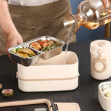 304 Stainless Steel Double Lunch Box with Cutlery 1400ML Portable Lunch Box Microwaveable Food Storage Box Thermo Bag Lunch Mug
