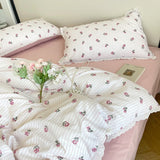Princess Floral Bedding Set Lace Trim Rose Elegant Romantic For Women Girl Flat Fitted Sheet With Pillowcases Soft Washed Cotton