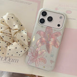 Trendy Shimmer Pink Lily Star Glitter Floral Print  Coquette Style Phone Case for iPhone 17 16 15 14 13 Pro Max Back Cover Capa