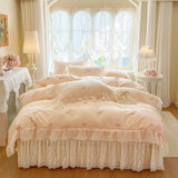 Rose Embroidery Lace Ruffles Princess Wedding Bedding Set 100% Cotton Duvet Cover Lace Edge Bed Sheet Bed Skirt Pillowcases 4Pcs