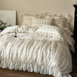 4Pcs Vintage French Pure Cotton Rose Print Pleated Lace Ruffles Bedding Set Queen King Size Duvet Cover Set Bed Sheet Pillowcase