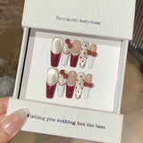 Cute French Press on Nails Sweet Red Bowknot Polka Dots Design Fake Nails with Glue Cat Eye Coffin Wearable Full Cover Nail Tips