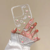 Transparent Strawberry Pearl Bow Soft Phone Case for iPhone 16 Pro Max Fundas Cover for iPhone 11 12 13 14 15 Pro Max Back Cover