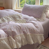 Korean Princess Style Floral Lace Ruffles Bedding Set 100% Cotton Double Yarn Duvet Cover Flat/Fitted Bed Sheet Pillowcases 4Pcs