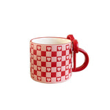 1Pc Bow Handle Heart Ceramic Mug, Creative Bow Handle Design Checkerboard Pattern Mug Coffee Cup, Suitable for Home Decoration, Daily Drinking Water, Breakfast Milk, Afternoon Tea Coffee, Coffee Shop Latte Flower Cup, Exquisi