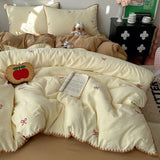 Ins Cream Style Bedding Set Red Embroidery Bow Triangular Needle Stitching Double-layer Yarn Soft Comfortable Bedroom Decoration
