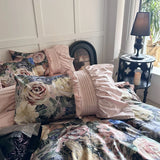 Vintage Rose Oil Painting Style Ruffles Egyptian Cotton Bedding Set Duvet Cover Bed Sheet/Bed Skirt/Fitted Sheet Pillowcase 4Pcs