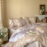 Organza Pleated Lace Edge Floral Butterfly Prints Princess Bedding Set 1000TC Egyptian Cotton Duvet Cover Bed Sheet Pillowcases