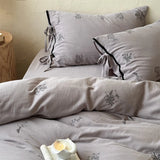 100% Cotton Wrinkled Yarn Flower Embroidery Bedding Set Single Queen King Size Duvet Cover Flat/Fitted Sheet Lace-Up Pillowcases