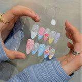 10pcs Cute Press on Nails Color French 3D Flower Fake Nails Black Polka Dot Pearl Bow Nail Tip Almond False Nails for Women Gift