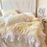 4Pcs Vintage Carved Velvet Lace Ruffles Princess Wedding Bedding Set Queen King Duvet Cover Set Fitted/Flat Sheet Pillowcases