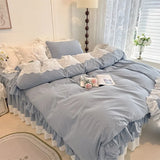 4/6Pcs Black&white Plaid 100% Cotton Bedding Set Romantic Lace Ruffles Washed Cotton Duvet Cover Bed Skirt Bedspread Pillowcases