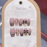 Meidum Coffin French Fake Nails with Glue Handemade Press on Nail with Cat Eye Design Bowknot Pearl Luxury Pink Nails Full Cover