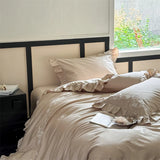 Flowers Embroidery Ruffles Purple Luxury Bedding Set 1000TC Egyptian Cotton Duvet Cover Flat/Fitted Bed Sheet Pillowcases 4Pcs