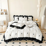 Rose Flowers Embroidery Ruffle Lace Bedding Set Washed Cotton Duvet Cover Set Skin Friendly Bed Sheet Pillowcases Princess Style