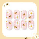 Cute Press on Nails Short Square Fake Nails with Bee Flower Design Spring Summer Floral Press on False Nails Glossy Glue on Nail
