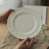 French Relief Dining Plate Household Breakfast Bread Disc Nordic Style White Ceramic Tableware Retro Versatile Dessert Plates