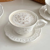French Relief Coffee Cup Dish Set Exquisite Household Ceramic Drinking Cups With Handle White Round Plates 2Pcs Drinkware Suit