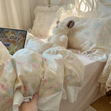 Korean Princess Style Flowers Print Ruffles 100% Cotton Bedding Set Duvet Cover Plaid Flat/Fitted Bed Sheet Pillowcases 3/4Pcs