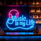 Music Is My Life Neon Sign, Blue & Pink LED Neon Light with Headphone & Note Design, USB Powered Wall Decor for Bar, Bedroom & Music Studio