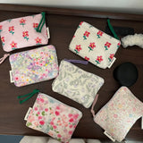 Pink Floral Print Mini Cotton Pouch for Women, Small Coin Purse & Card Holder for Lipstick & Earphone, Summer New Portable