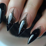 24pcs Long Stiletto False Nails with Glitter Silver Sequin Design Press on Nails Gradient Black Wearable Finished Fake Nail Tips