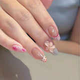 10pcs Cute Press on Nails Color French 3D Flower Fake Nails Black Polka Dot Pearl Bow Nail Tip Almond False Nails for Women Gift