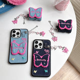 Embroidery Butterfly Jean Cloth Denim Case For iPhone 12 13 14 15 16 Pro Max 11 Phone Case with Pendant Keychain Soft Back Cover