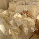 Korean Princess Style Flowers Print Ruffles 100% Cotton Bedding Set Duvet Cover Plaid Flat/Fitted Bed Sheet Pillowcases 3/4Pcs