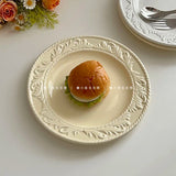 French Style Relief Dining Plates Household Solid Color Bread Plates Simple Ceramic Tableware Nordic Restaurant Dessert Disc