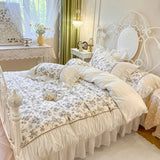 100% Cotton Princess Bedding Sets Luxury Rose Flowers Printing Ruffles Duvet Cover Set Bed Skirt Bedspread Pillowcases 4/6Pcs