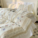 Gentle Floral Print Bedskirt Bedding Sets Skin Friendly Comfortable Duvet Cover Set with Lace Romantic Bedclothes for Girls
